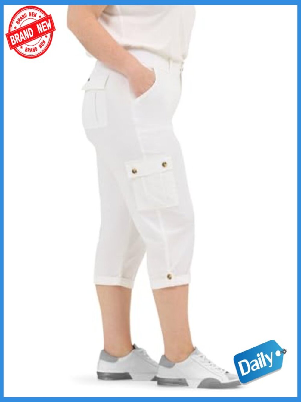 Plus Size Mid-Rise Relaxed Fit Cargo Capri Pant with Flex Waistband - Picture 2 of 7